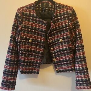 House Of Harlow 1960 Red & Black Tweed Cropped Gold Button Blazer size XS lined